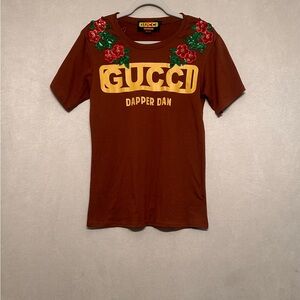 Brown Tee with Red Floral Embroidery